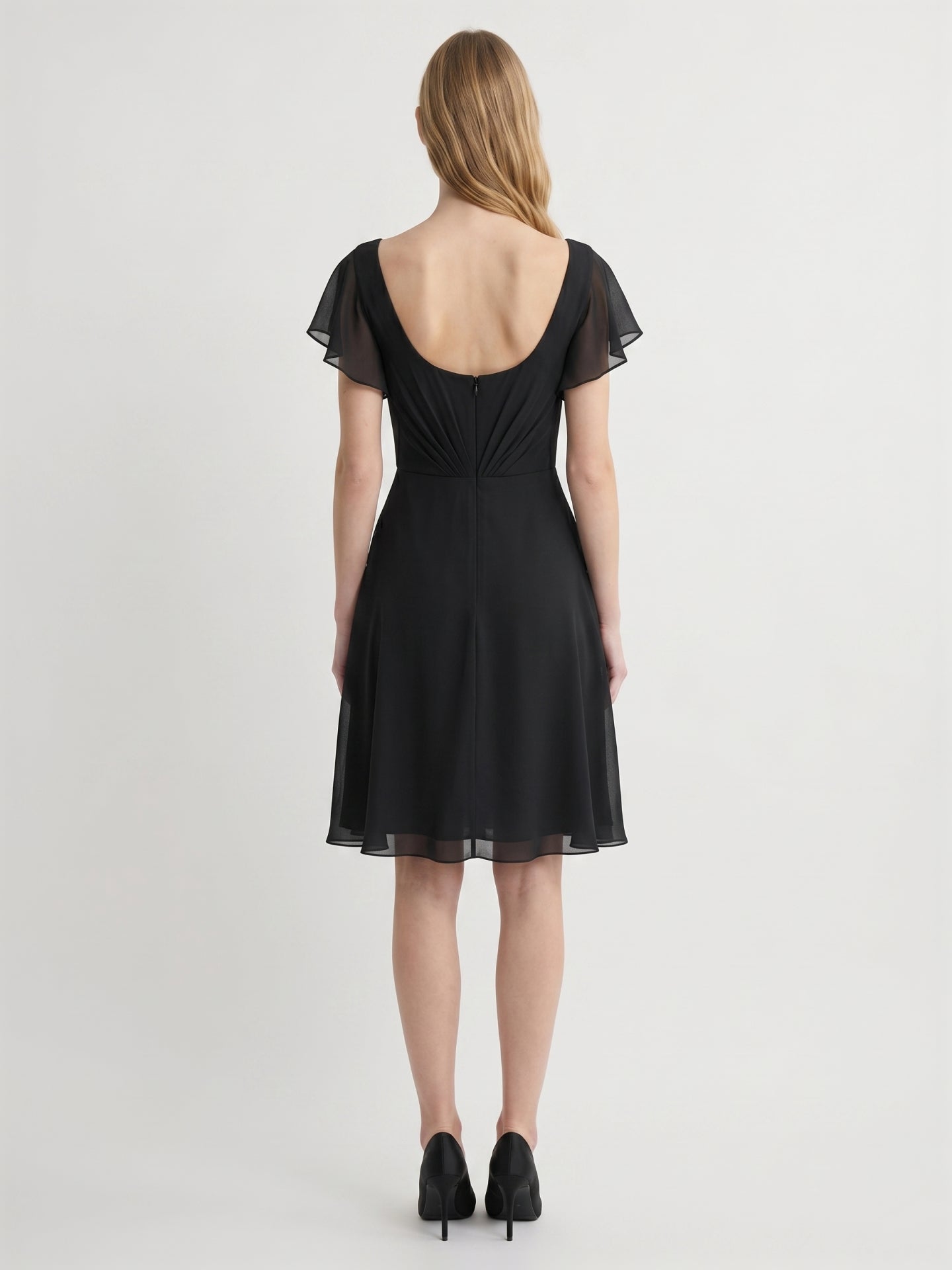 Black Chiffon A-Line V-Neck Back Zip Knee-Length Pleated Bridesmaid Dress