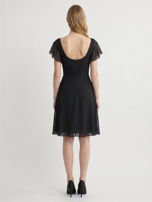 Black Chiffon A-Line V-Neck Back Zip Knee-Length Pleated Bridesmaid Dress