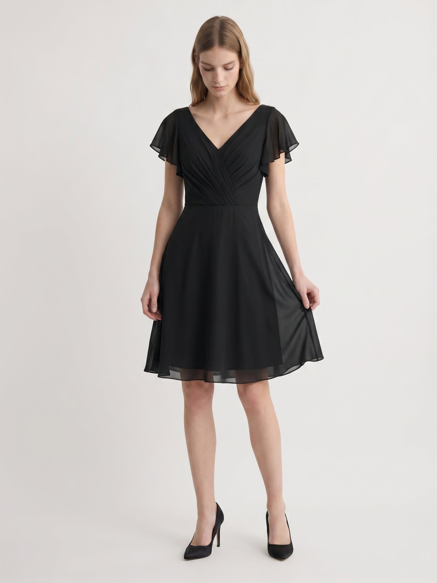 Black Chiffon A-Line V-Neck Back Zip Knee-Length Pleated Bridesmaid Dress
