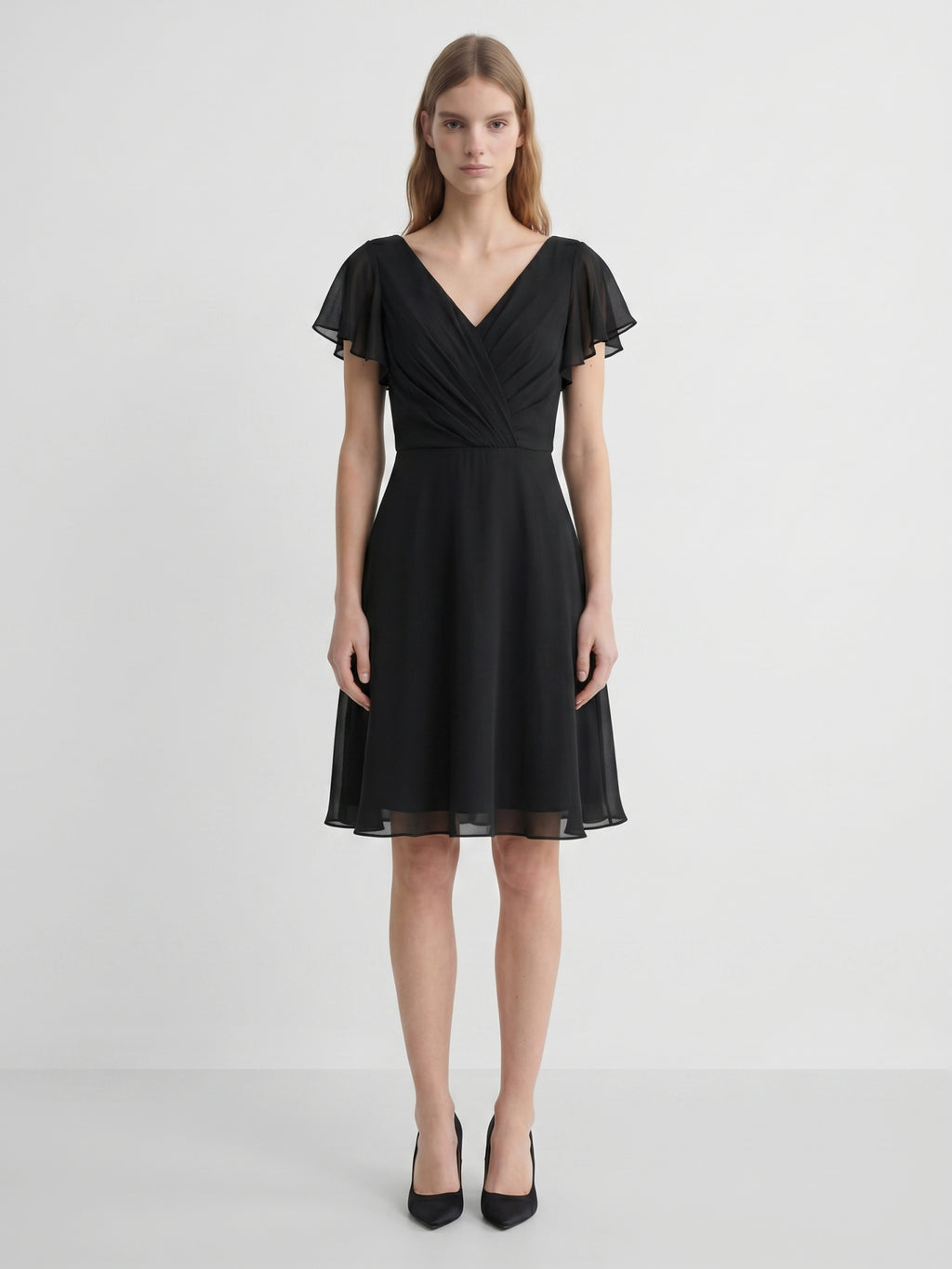 Black Chiffon A-Line V-Neck Back Zip Knee-Length Pleated Bridesmaid Dress