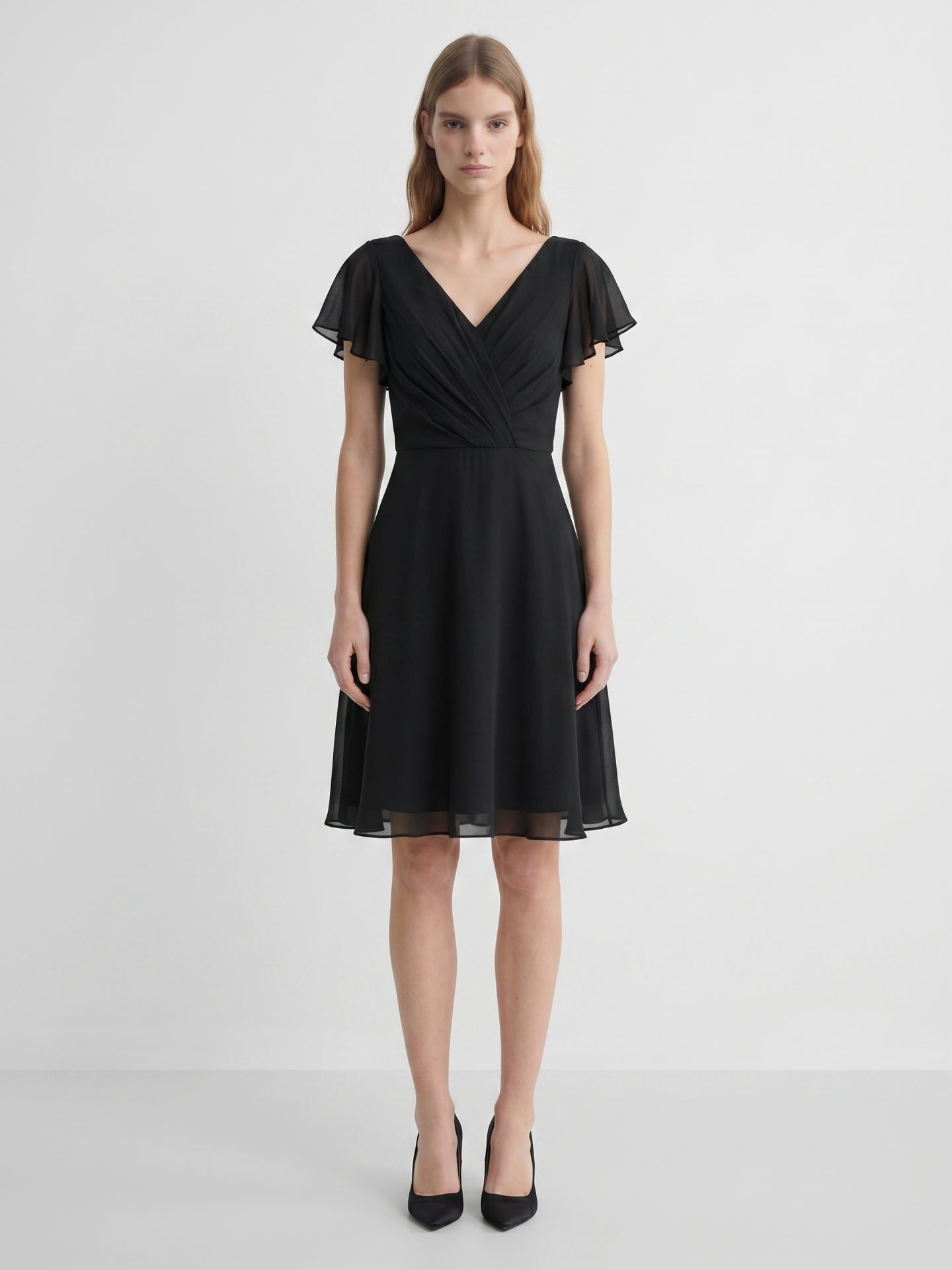 Black Chiffon A-Line V-Neck Back Zip Knee-Length Pleated Bridesmaid Dress