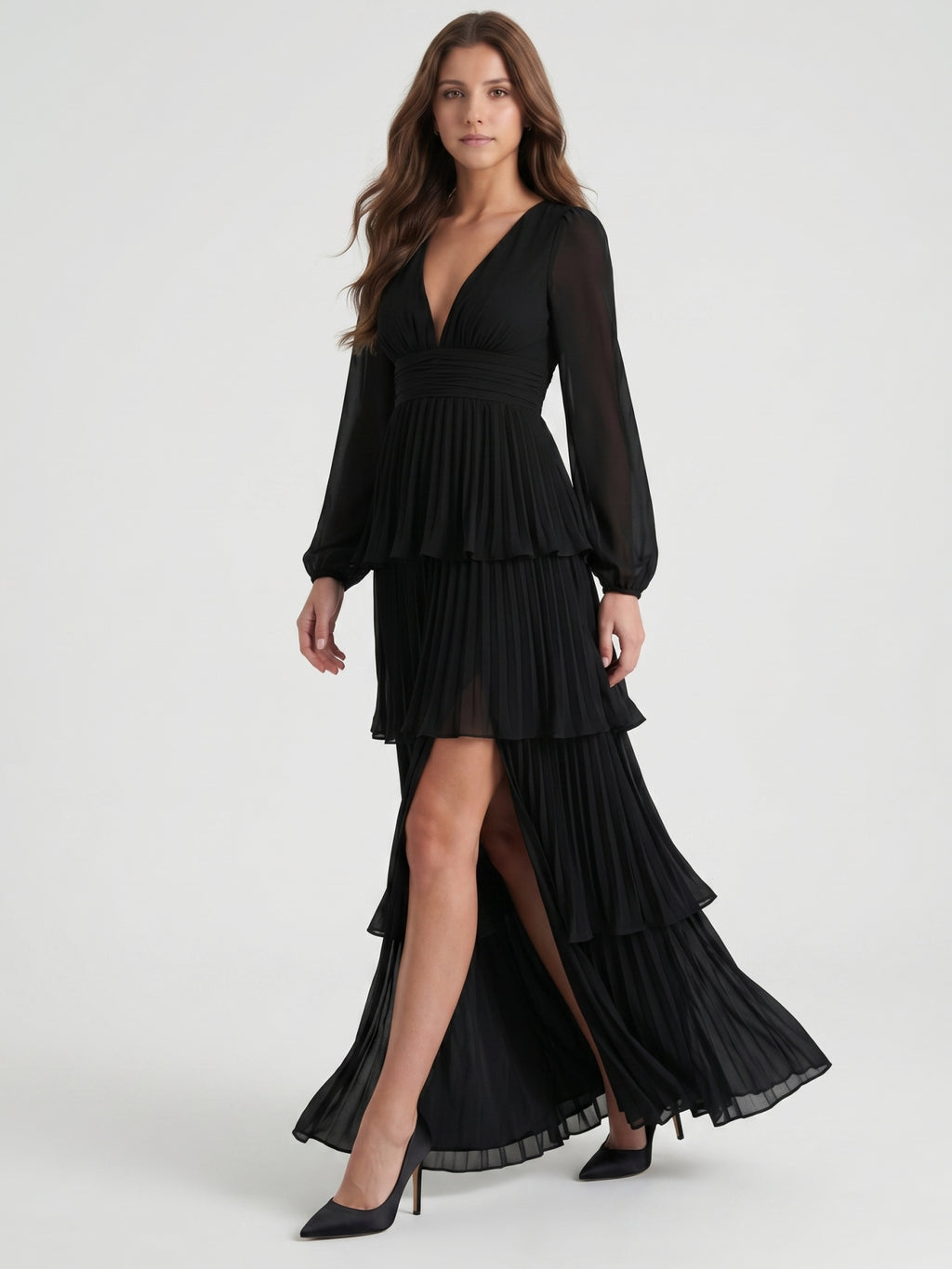 Black Chiffon A-Line V-Neck V-Back Floor-Length Cascading Ruffle Bridesmaid Dress