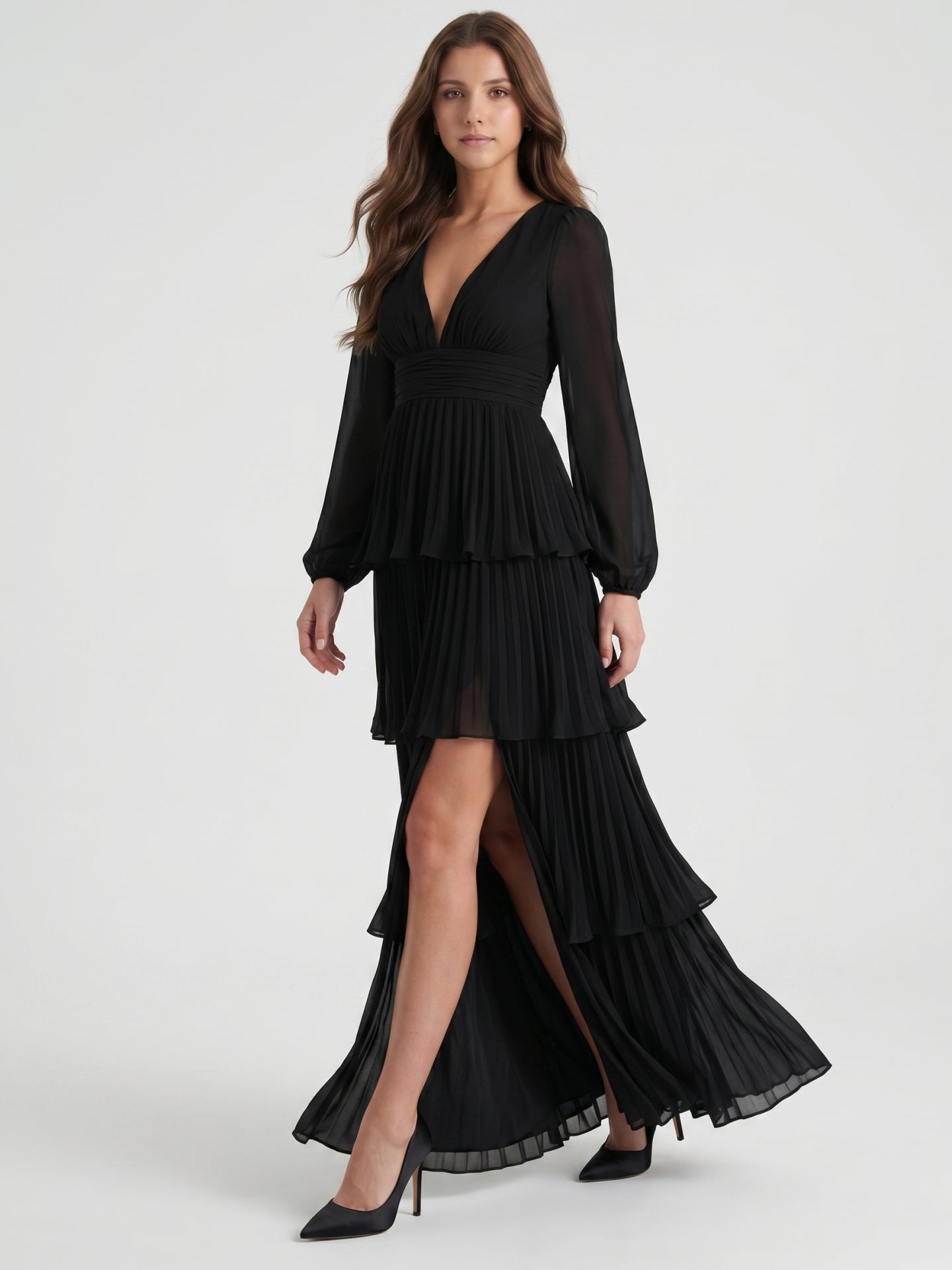 Black Chiffon A-Line V-Neck V-Back Floor-Length Cascading Ruffle Bridesmaid Dress