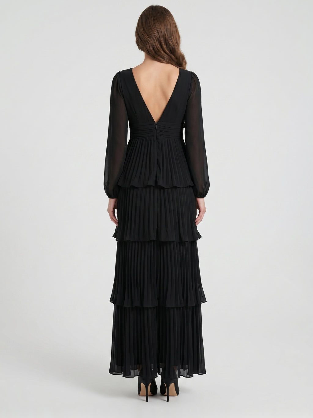 Black Chiffon A-Line V-Neck V-Back Floor-Length Cascading Ruffle Bridesmaid Dress