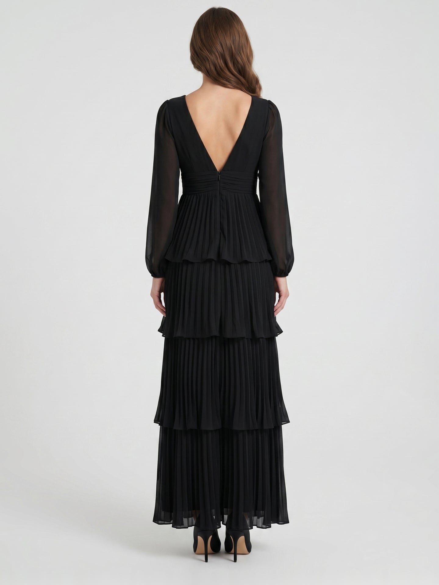 Black Chiffon A-Line V-Neck V-Back Floor-Length Cascading Ruffle Bridesmaid Dress
