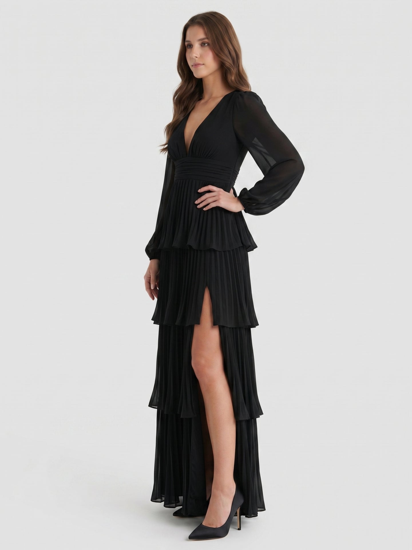 Black Chiffon A-Line V-Neck V-Back Floor-Length Cascading Ruffle Bridesmaid Dress