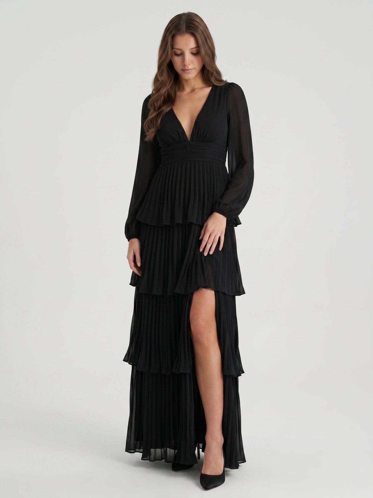 Black Chiffon A-Line V-Neck V-Back Floor-Length Cascading Ruffle Bridesmaid Dress