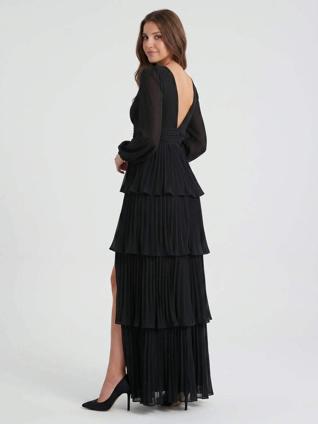 Black Chiffon A-Line V-Neck V-Back Floor-Length Cascading Ruffle Bridesmaid Dress