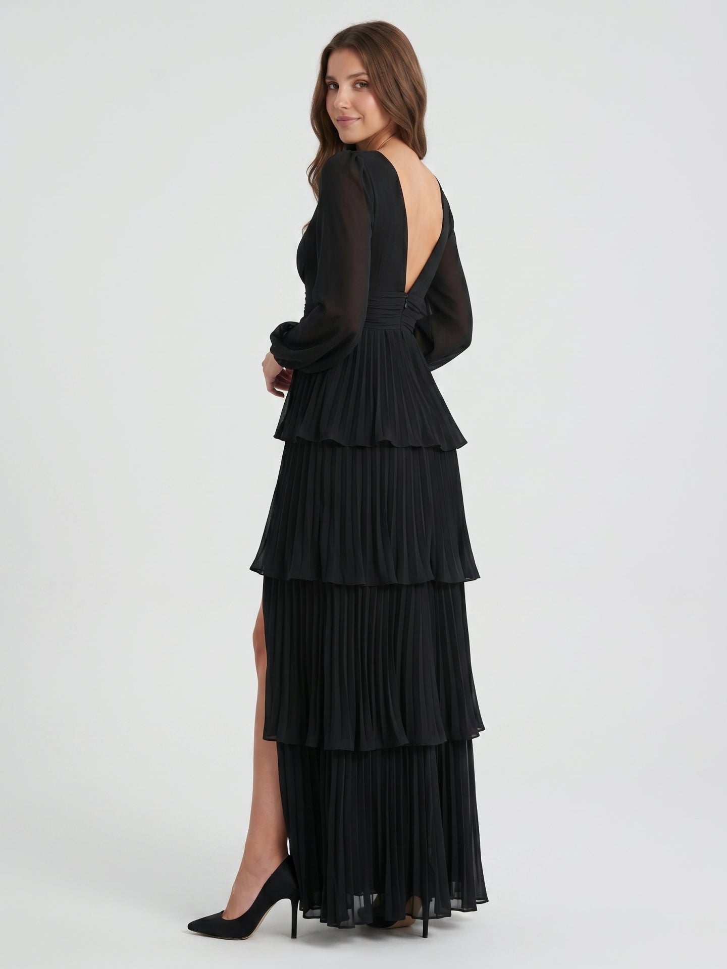 Black Chiffon A-Line V-Neck V-Back Floor-Length Cascading Ruffle Bridesmaid Dress