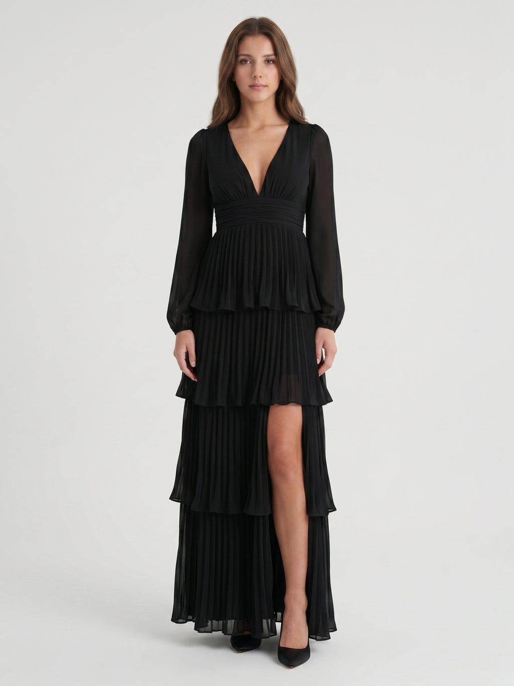Black Chiffon A-Line V-Neck V-Back Floor-Length Cascading Ruffle Bridesmaid Dress