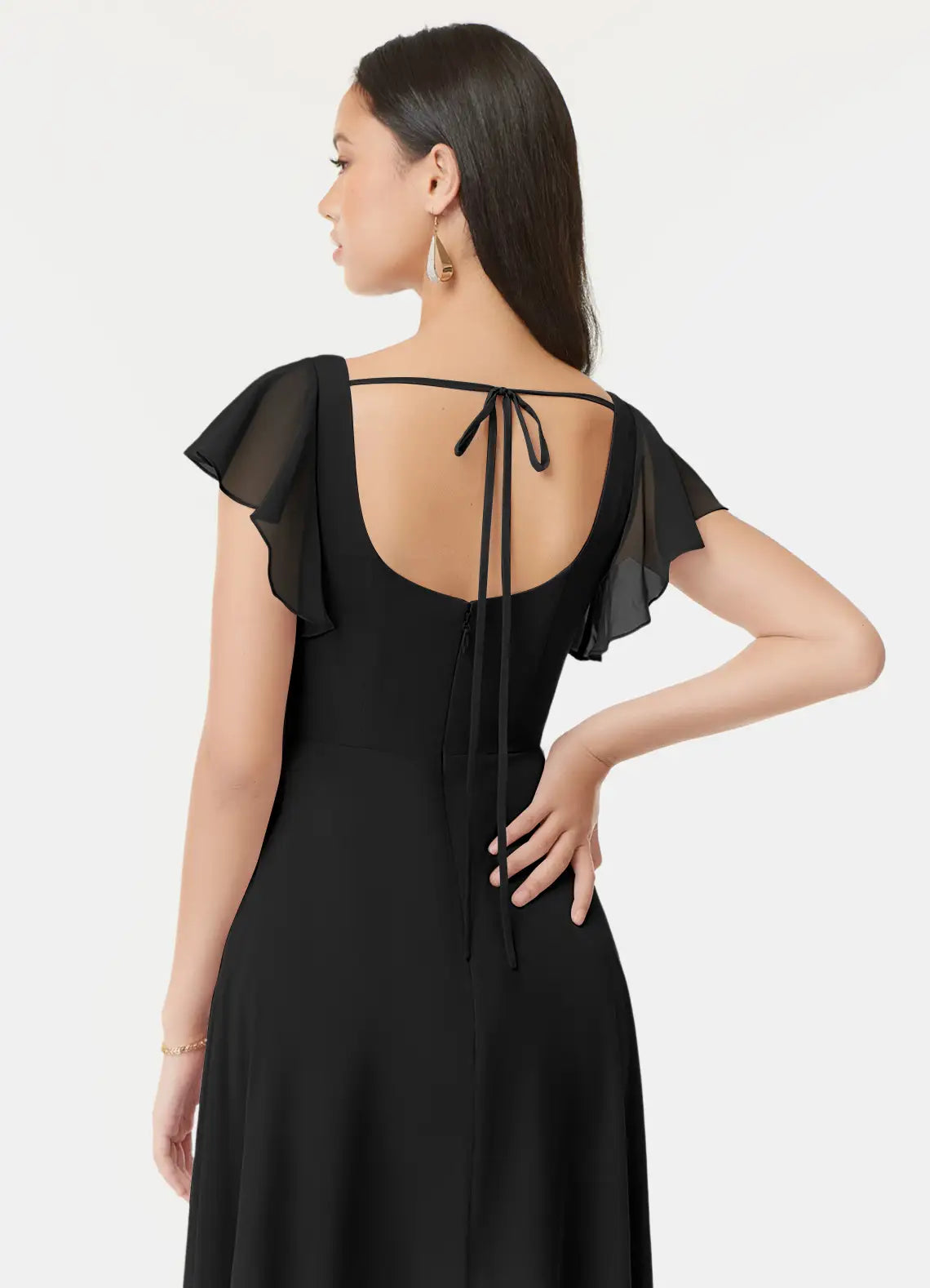 Black Chiffon Bridesmaid Dress with Square Neck, Ruffled Sleeves and High Side Slit