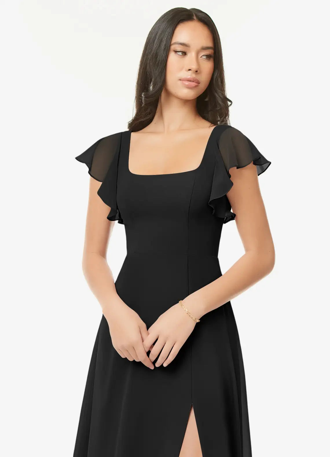 Black Chiffon Bridesmaid Dress with Square Neck, Ruffled Sleeves and High Side Slit