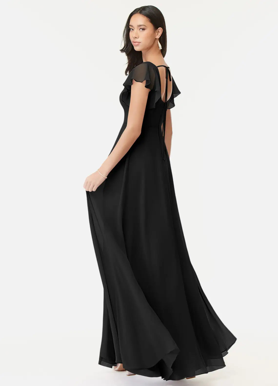 Black Chiffon Bridesmaid Dress with Square Neck, Ruffled Sleeves and High Side Slit