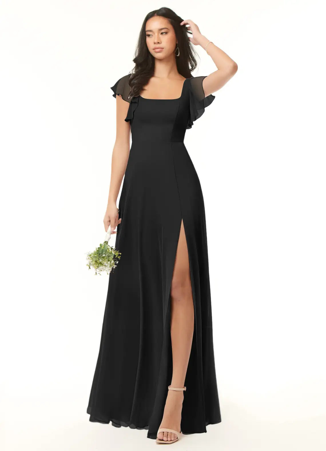 Black Chiffon Bridesmaid Dress with Square Neck, Ruffled Sleeves and High Side Slit