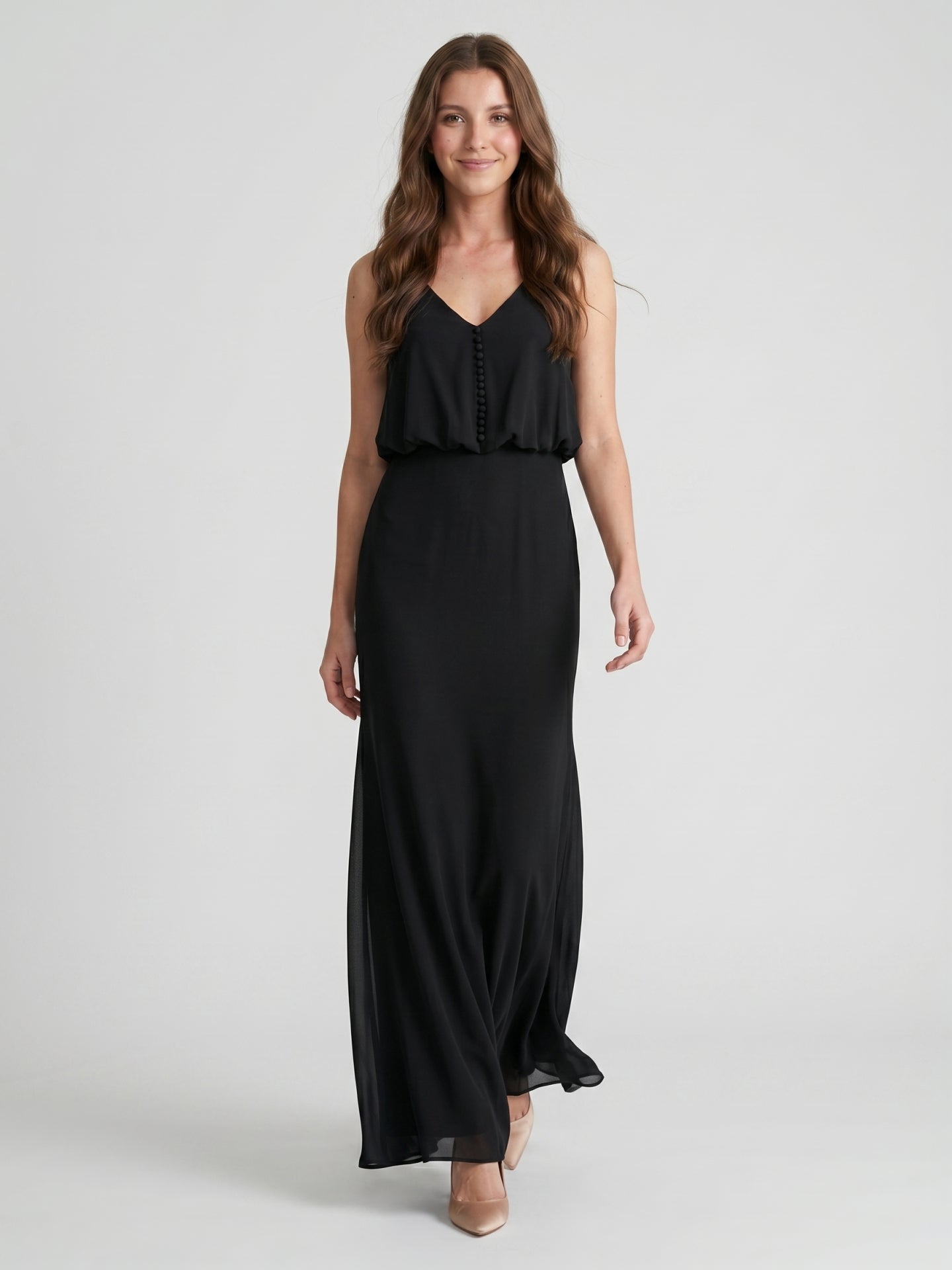 Black Chiffon Column V-Neck V-Back Floor-Length Bridesmaid Dress