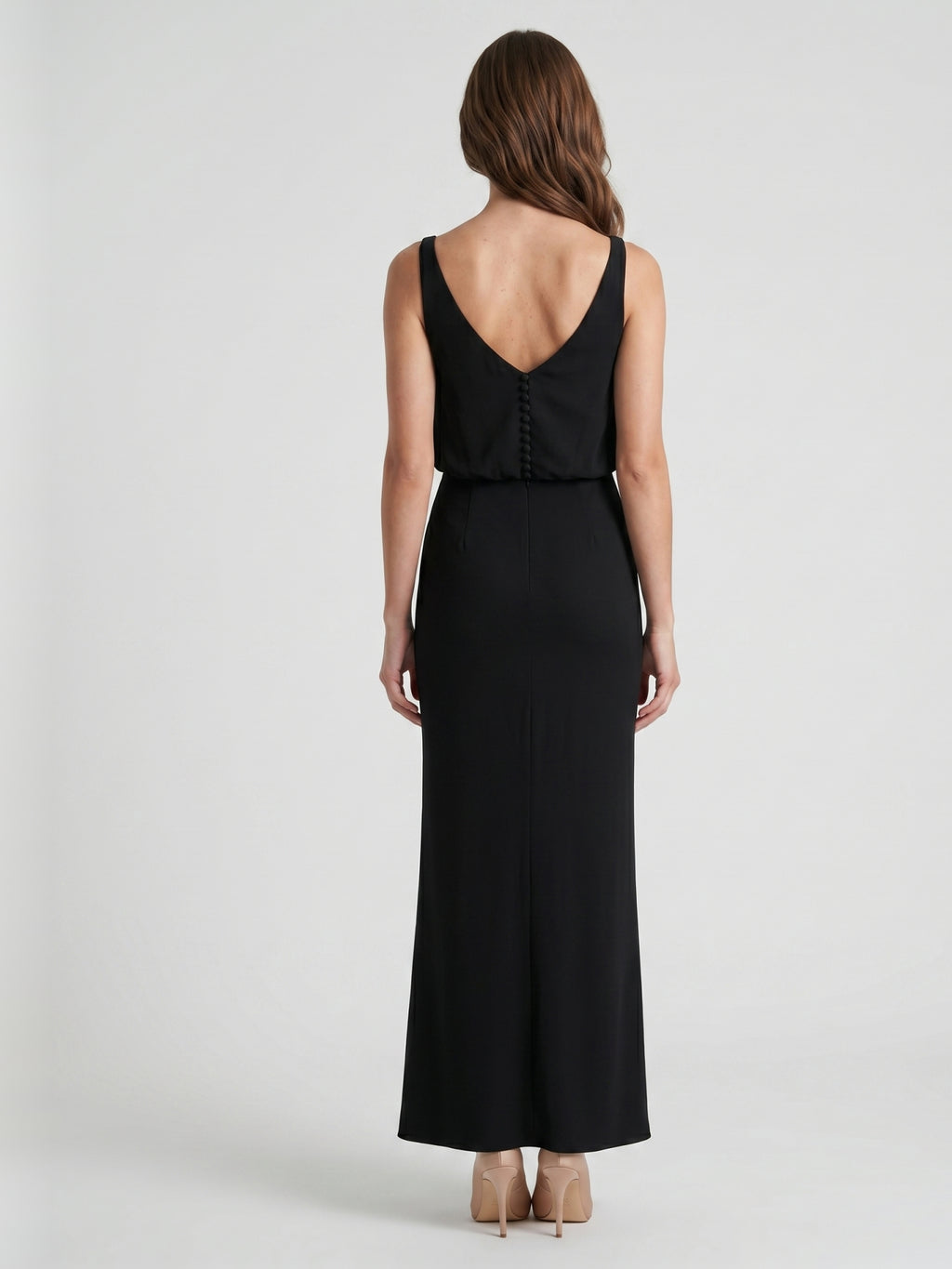 Black Chiffon Column V-Neck V-Back Floor-Length Bridesmaid Dress