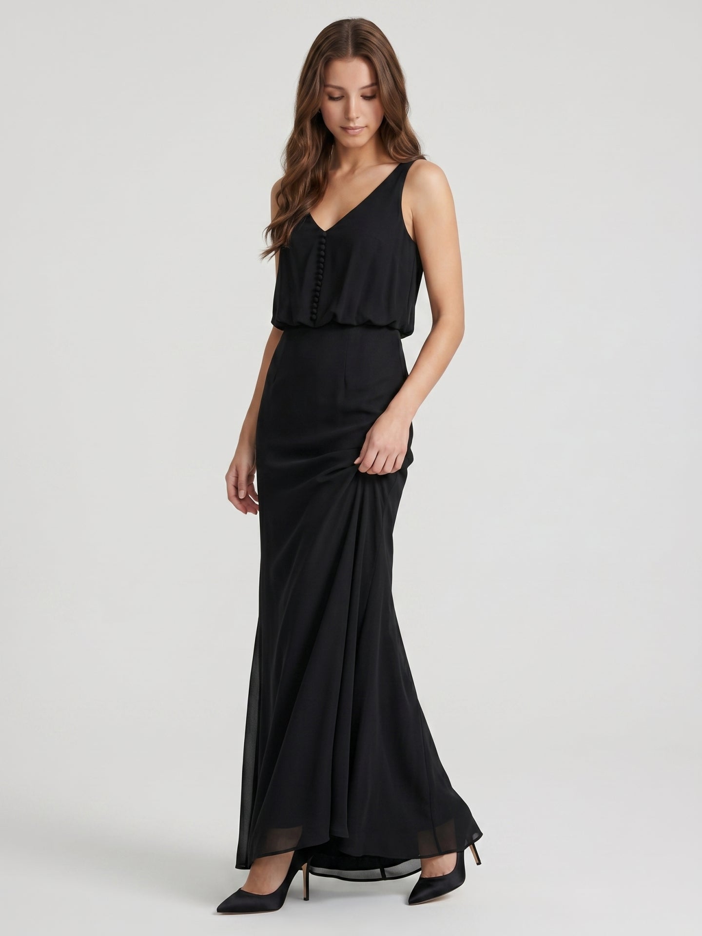 Black Chiffon Column V-Neck V-Back Floor-Length Bridesmaid Dress