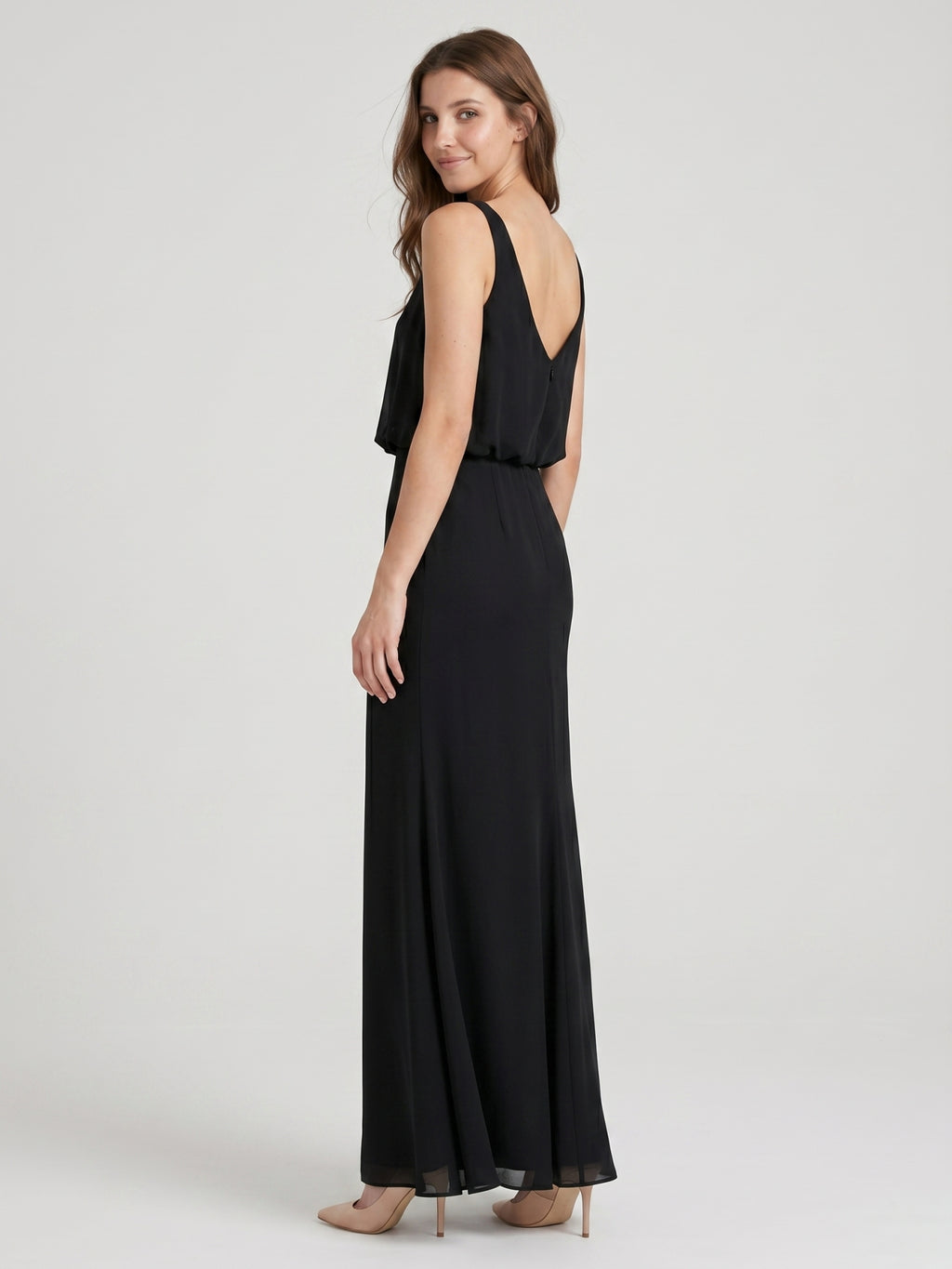Black Chiffon Column V-Neck V-Back Floor-Length Bridesmaid Dress