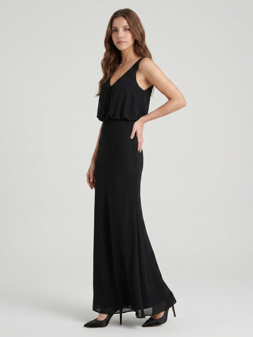 Black Chiffon Column V-Neck V-Back Floor-Length Bridesmaid Dress