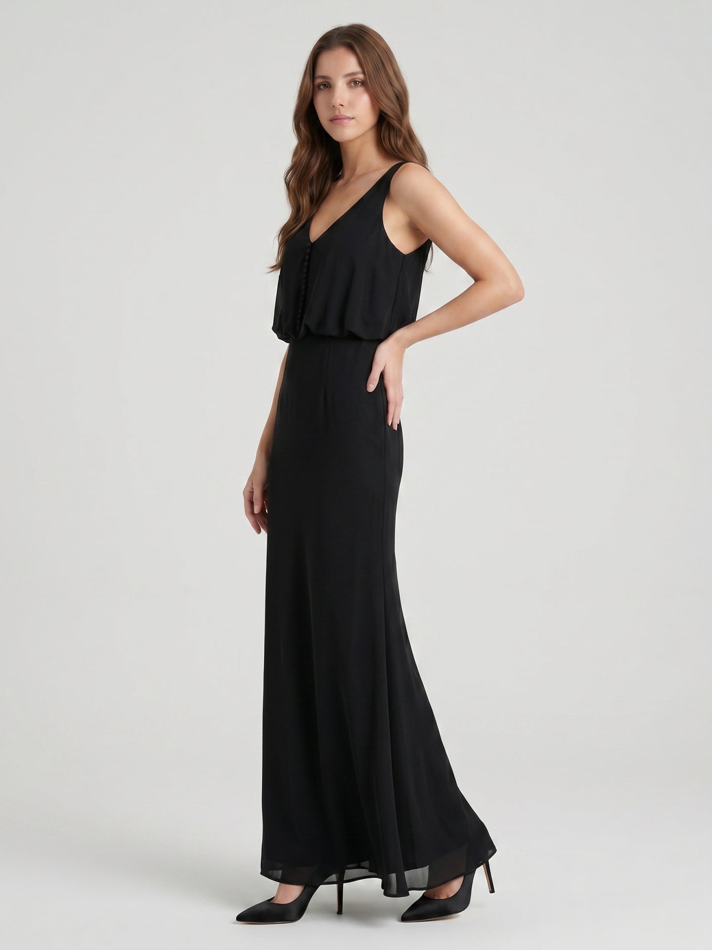 Black Chiffon Column V-Neck V-Back Floor-Length Bridesmaid Dress