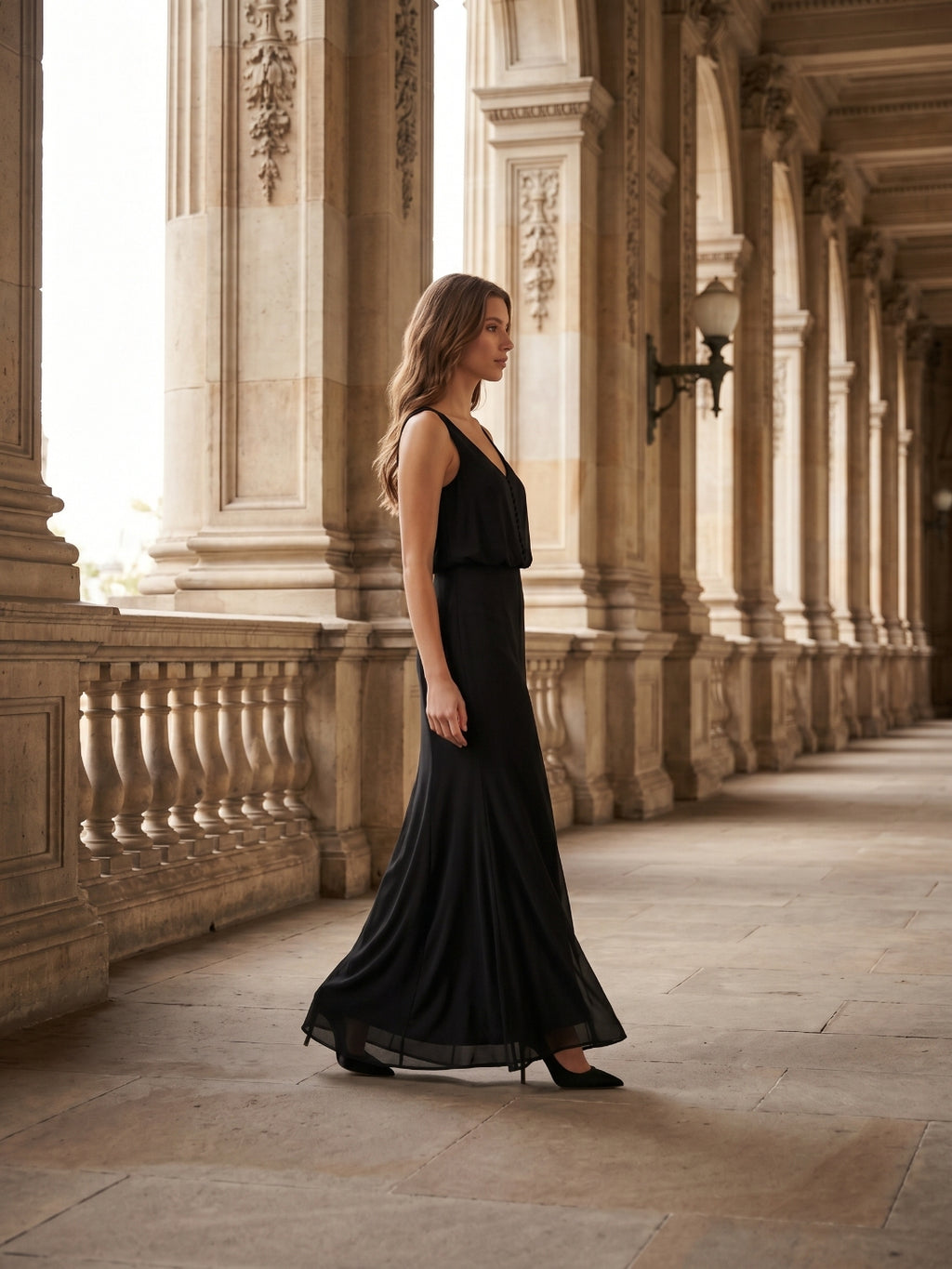 Black Chiffon Column V-Neck V-Back Floor-Length Bridesmaid Dress