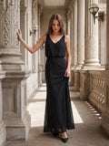 Black Chiffon Column V-Neck V-Back Floor-Length Bridesmaid Dress
