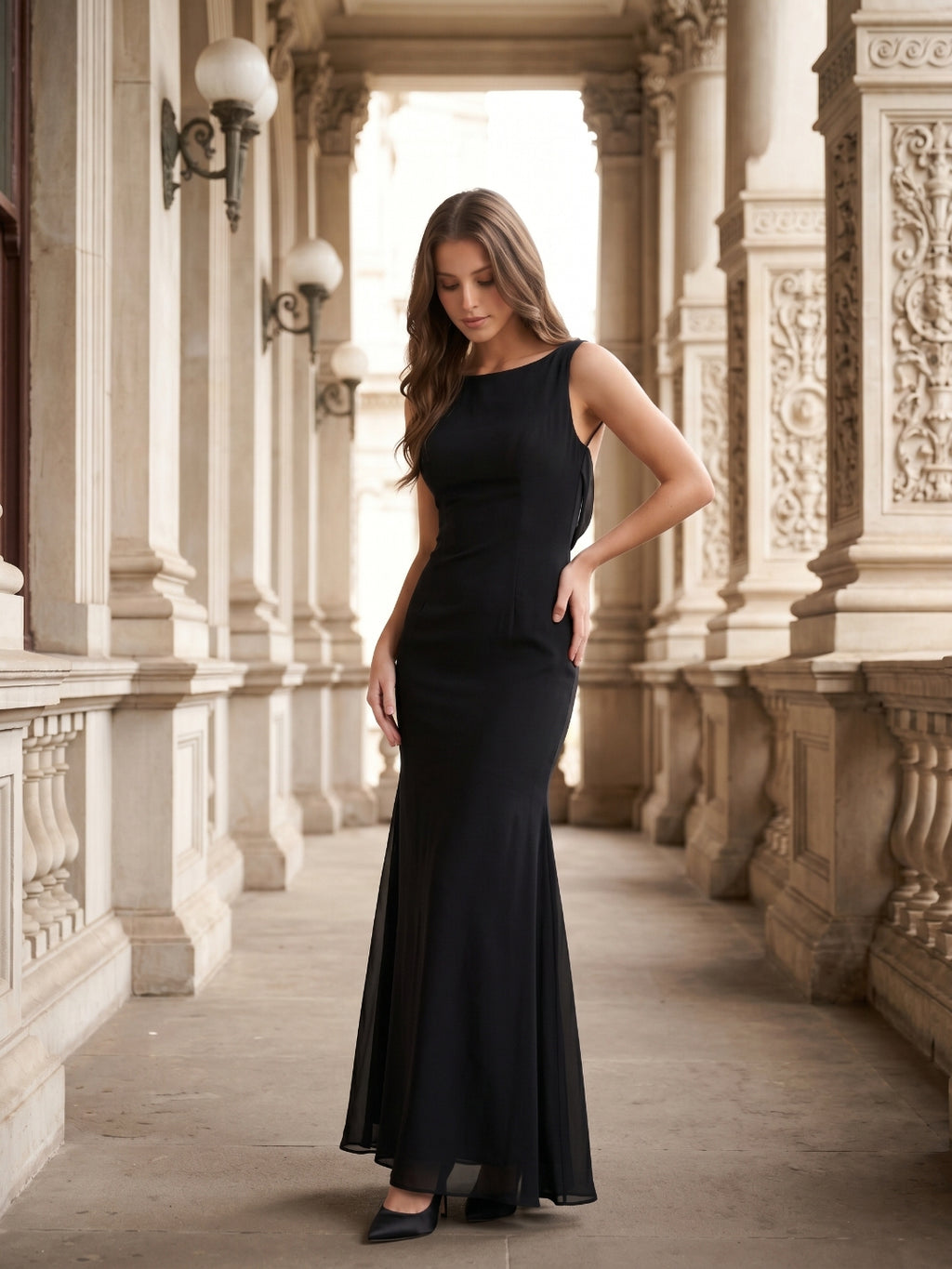 Black Chiffon Mermaid Scoop Neck Backless Floor-Length Bridesmaid Dress