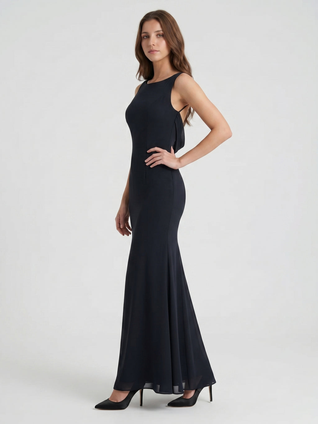 Black Chiffon Mermaid Scoop Neck Backless Floor-Length Bridesmaid Dress