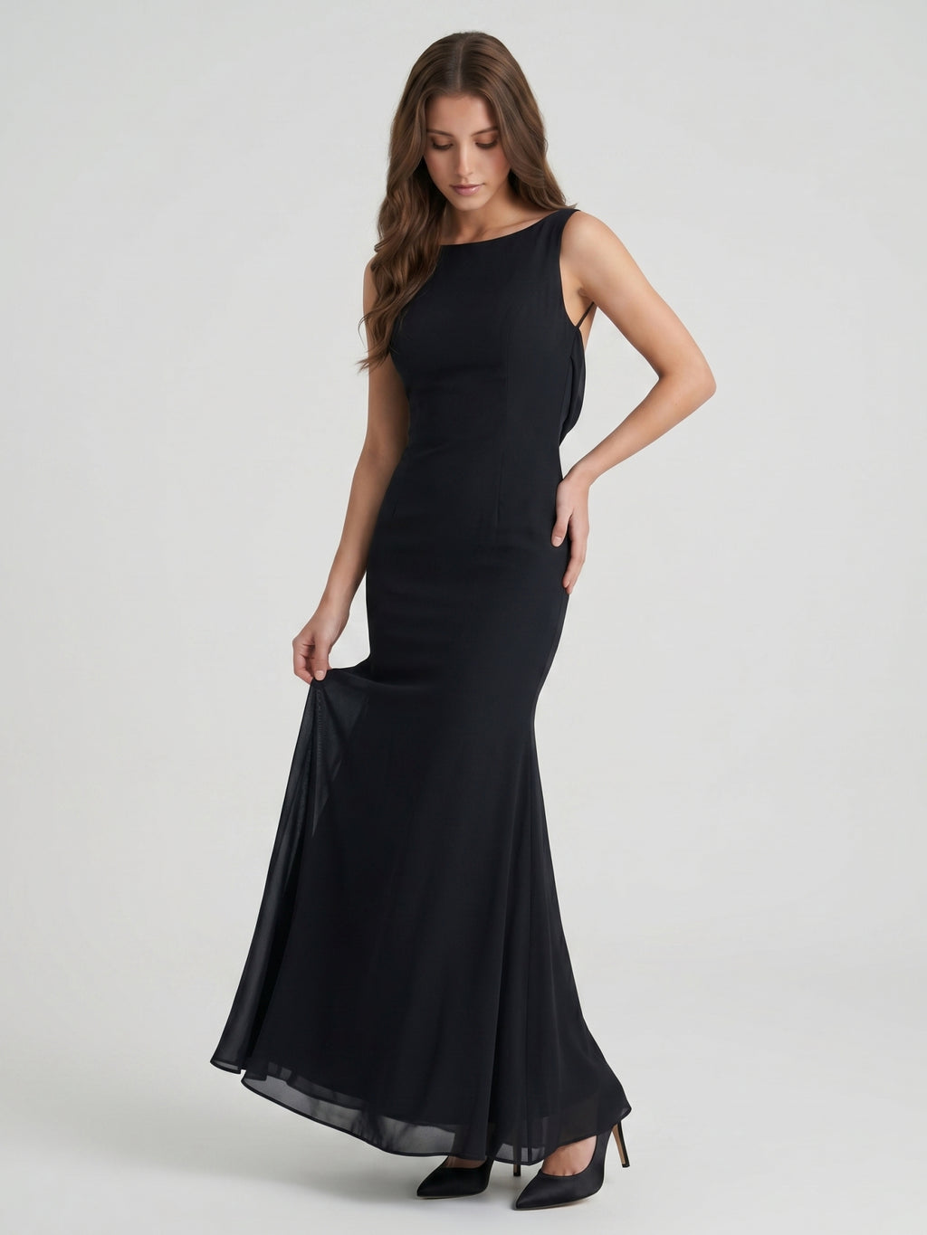 Black Chiffon Mermaid Scoop Neck Backless Floor-Length Bridesmaid Dress