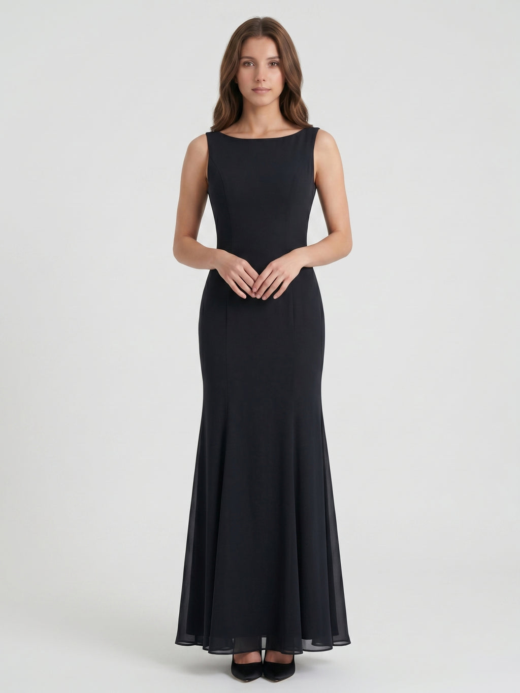 Black Chiffon Mermaid Scoop Neck Backless Floor-Length Bridesmaid Dress