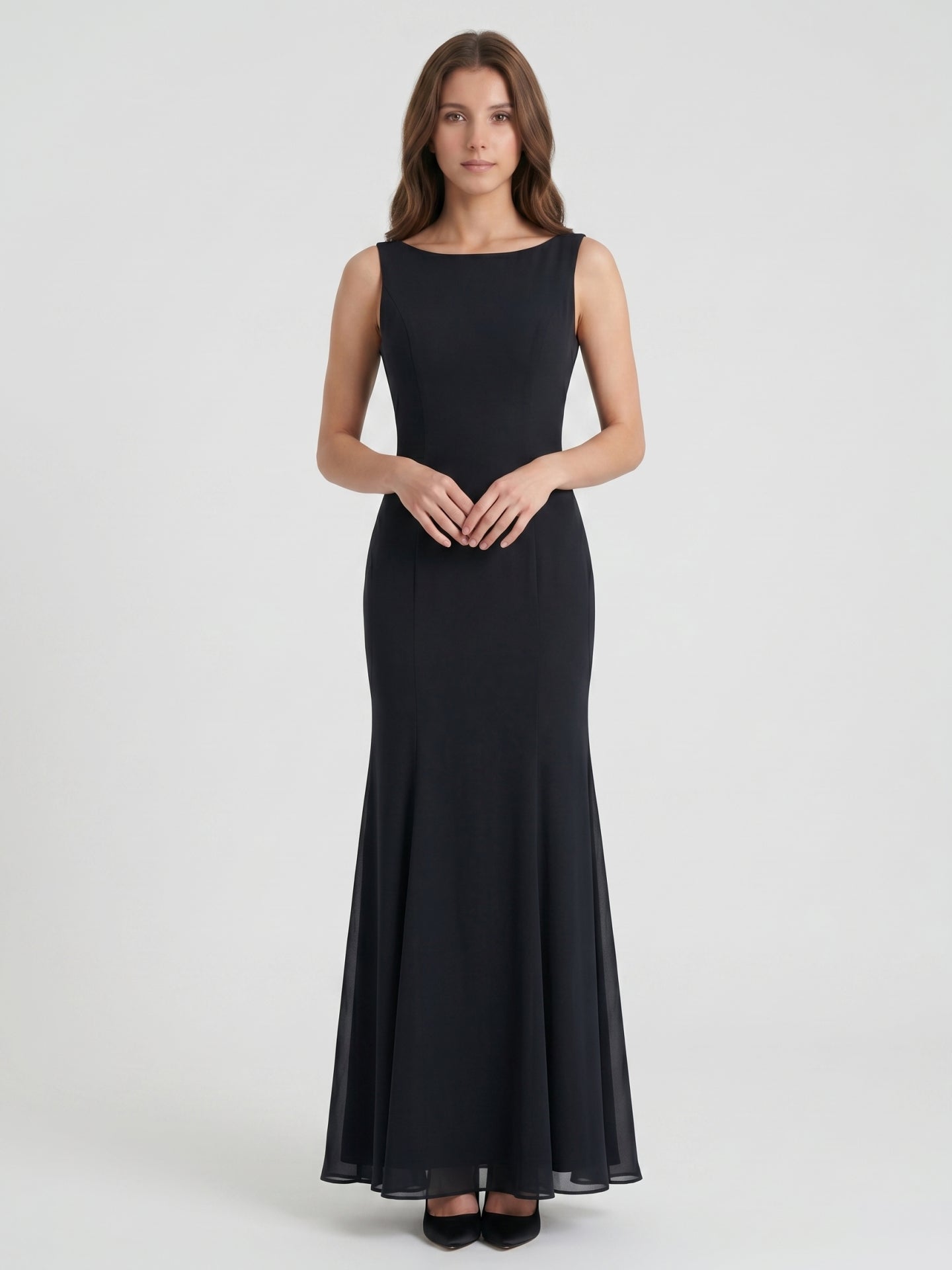 Black Chiffon Mermaid Scoop Neck Backless Floor-Length Bridesmaid Dress