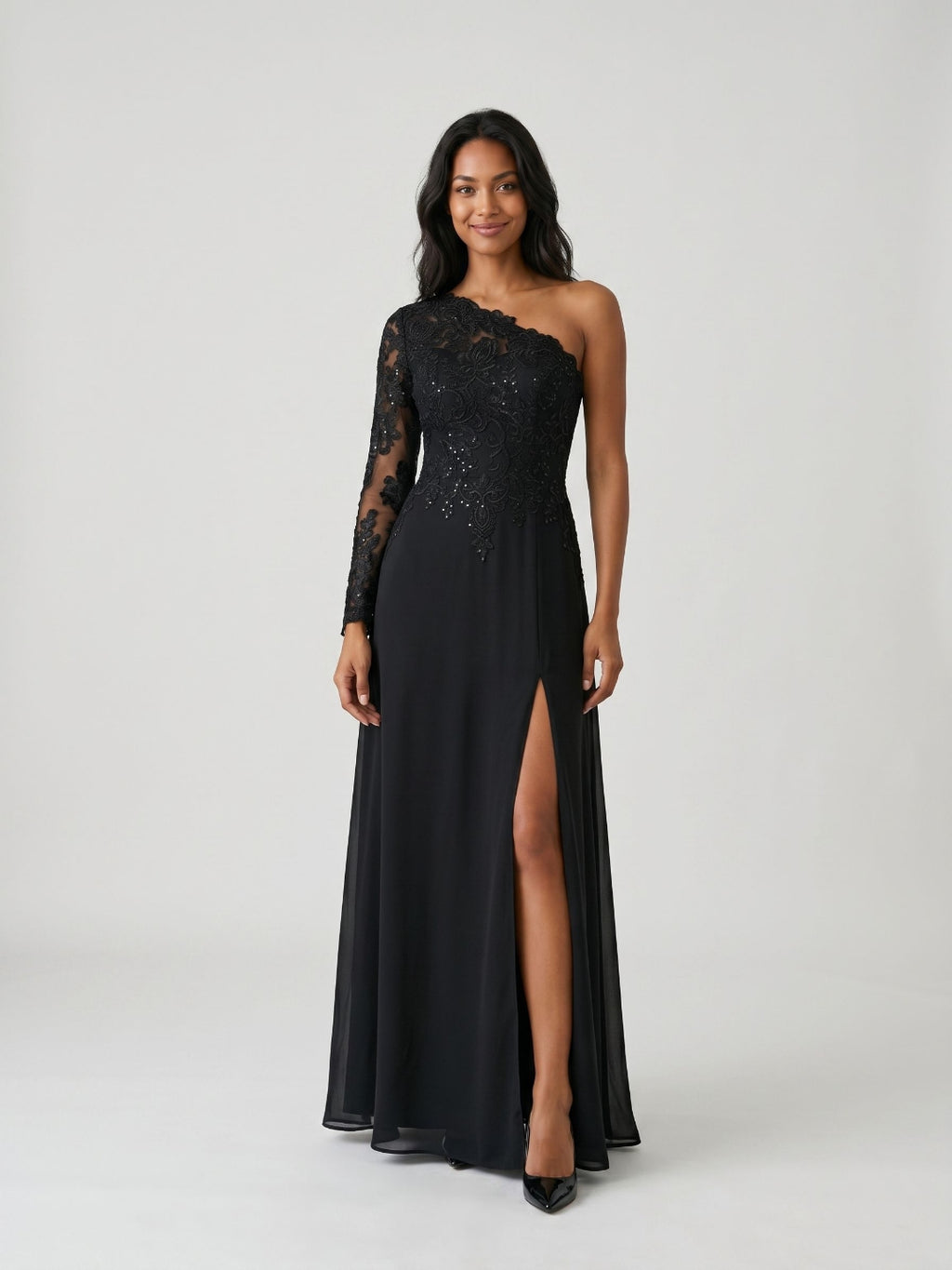 Black Chiffon Sheath One Shoulder Back Zip Floor-Length Wedding Guest Dress with Sequins