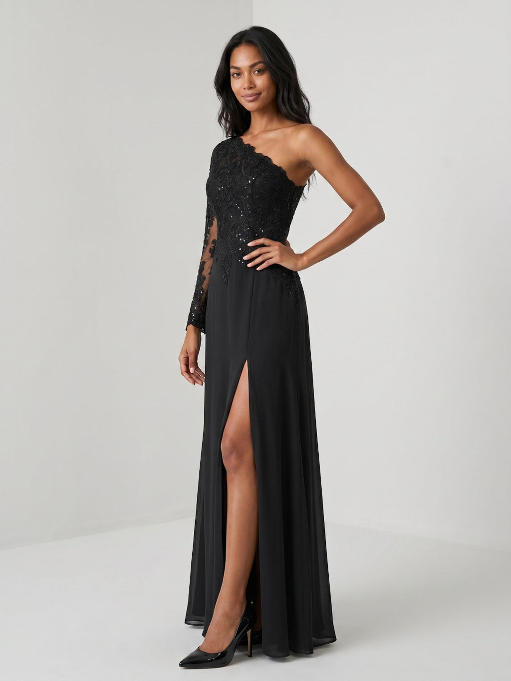 Black Chiffon Sheath One Shoulder Back Zip Floor-Length Wedding Guest Dress with Sequins