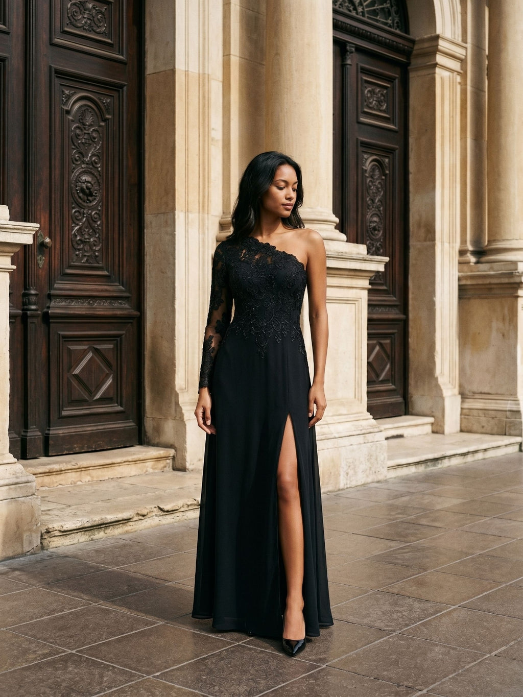 Black Chiffon Sheath One Shoulder Back Zip Floor-Length Wedding Guest Dress with Sequins