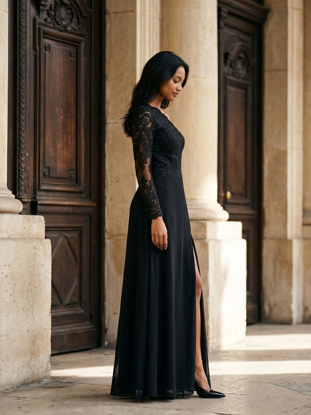 Black Chiffon Sheath One Shoulder Back Zip Floor-Length Wedding Guest Dress with Sequins