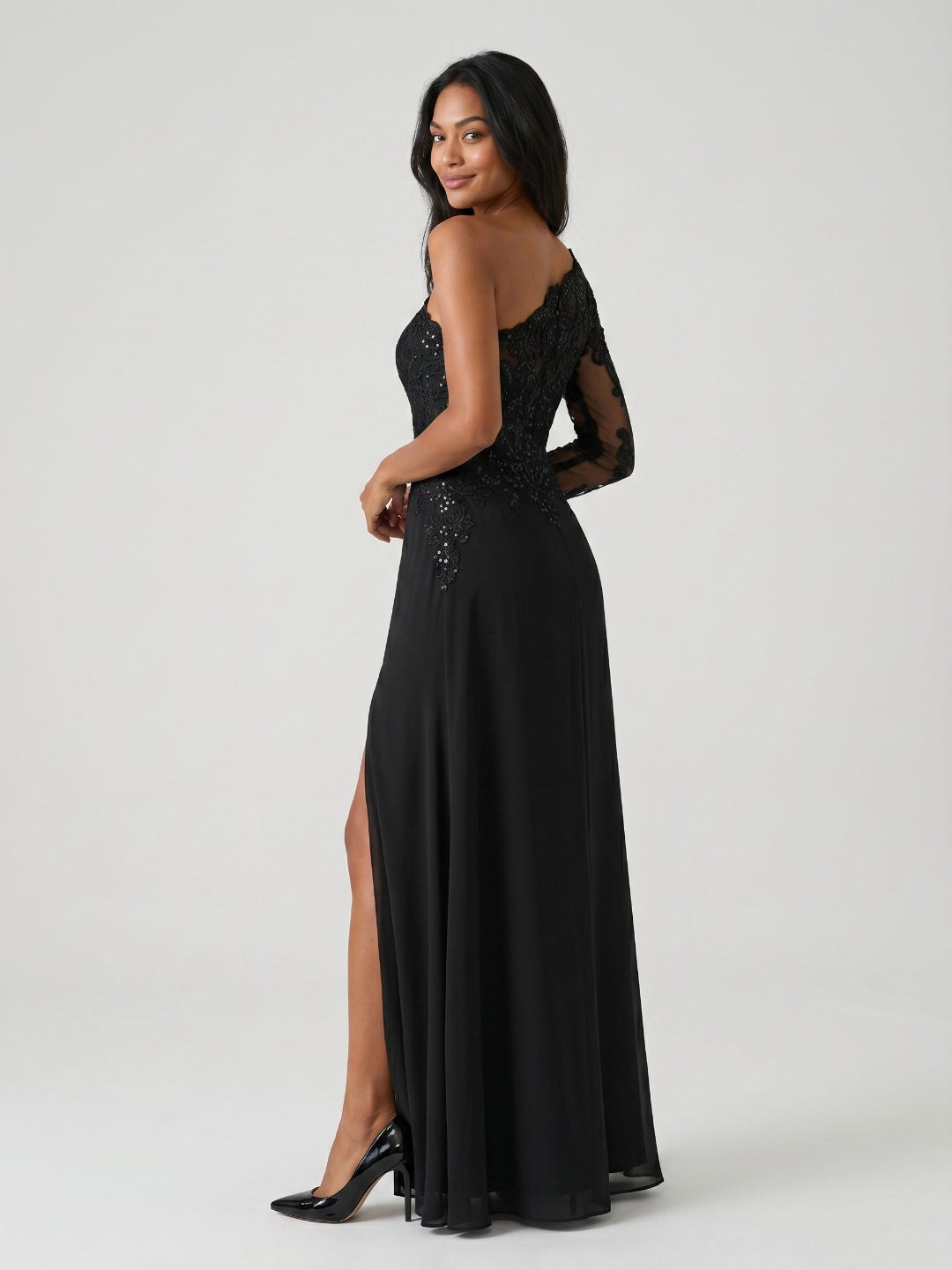 Black Chiffon Sheath One Shoulder Back Zip Floor-Length Wedding Guest Dress with Sequins