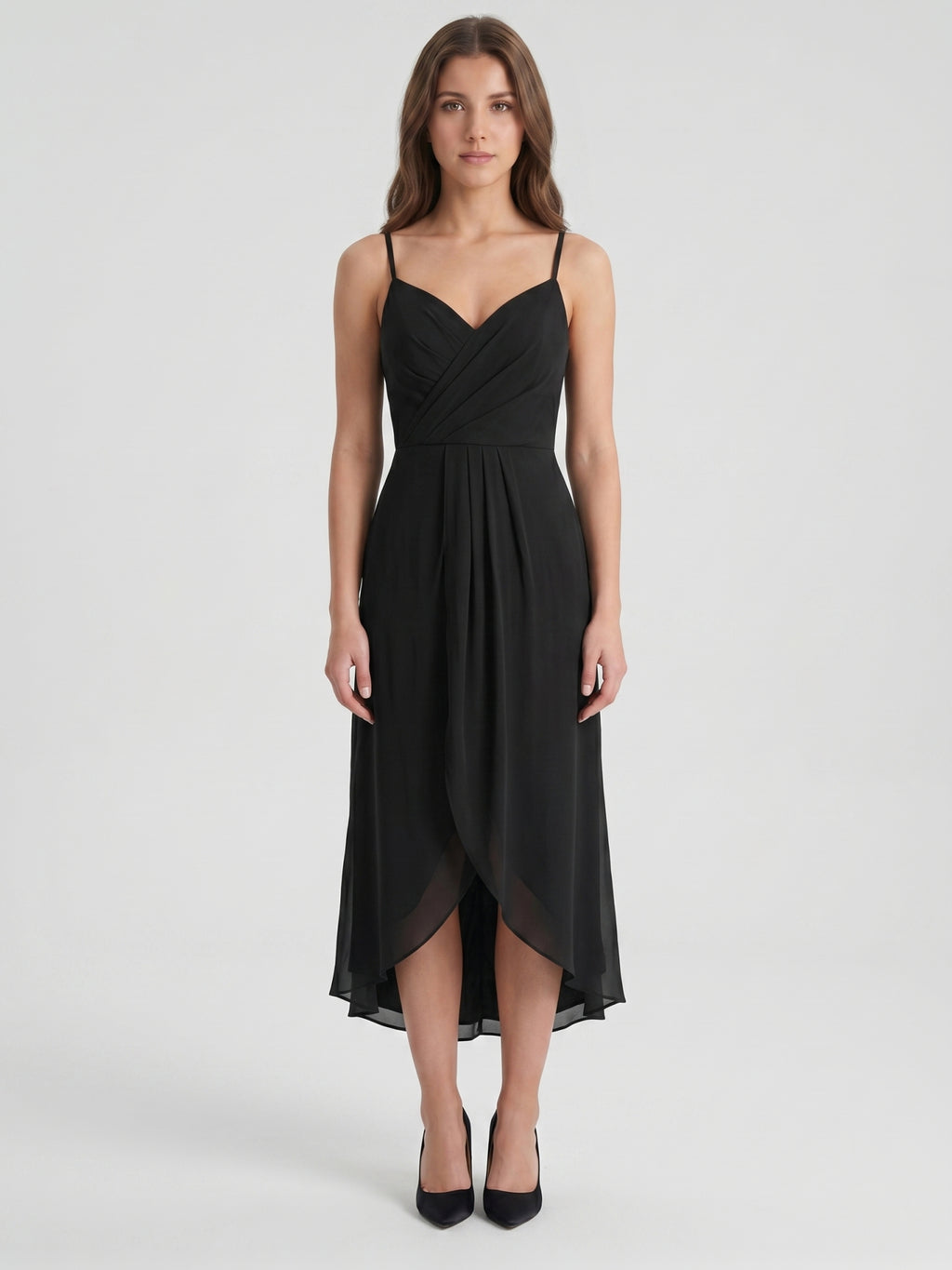 Black Chiffon Sheath Sweetheart Backless Asymmetrical Pleated Bridesmaid Dress