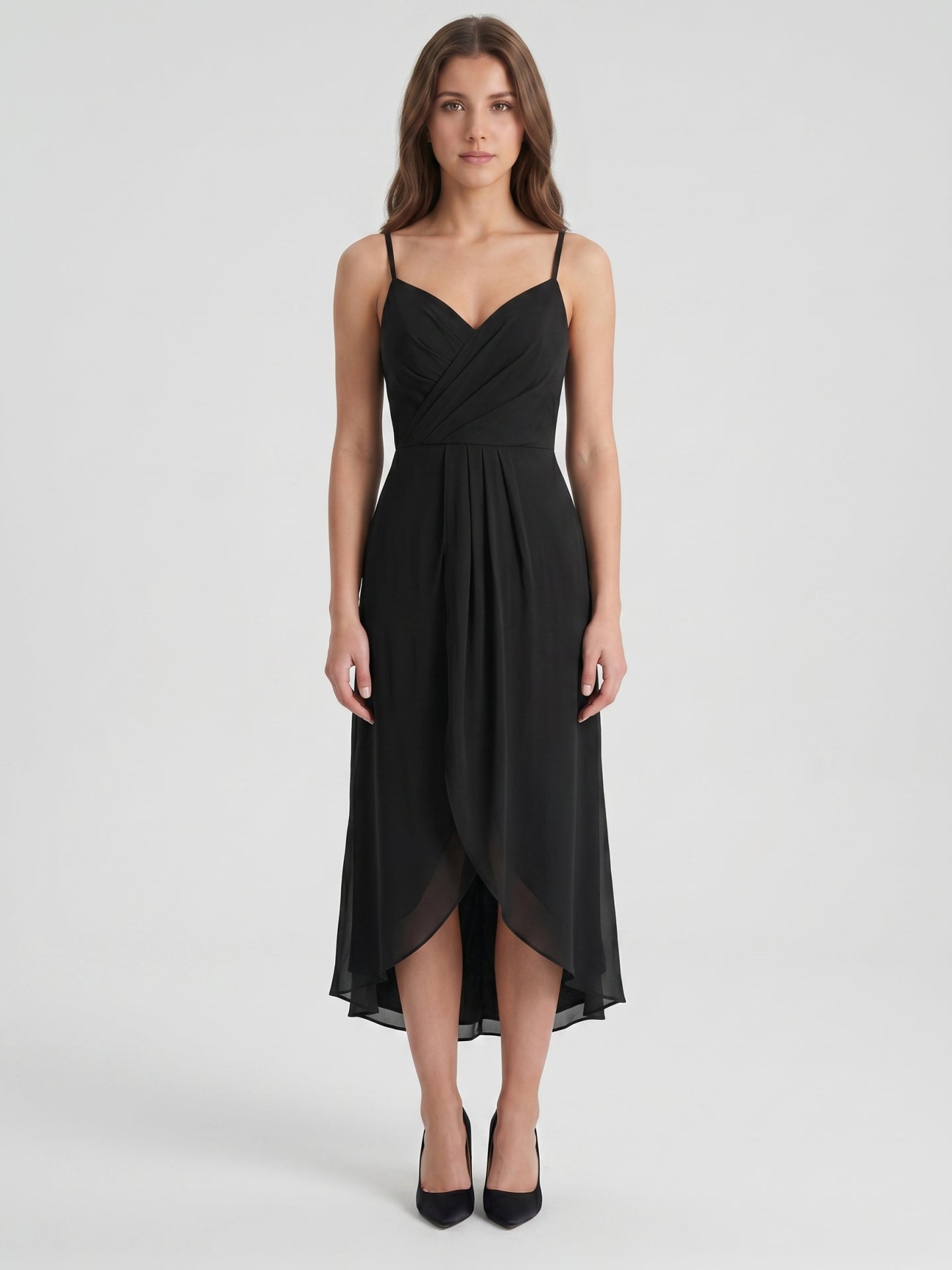 Black Chiffon Sheath Sweetheart Backless Asymmetrical Pleated Bridesmaid Dress