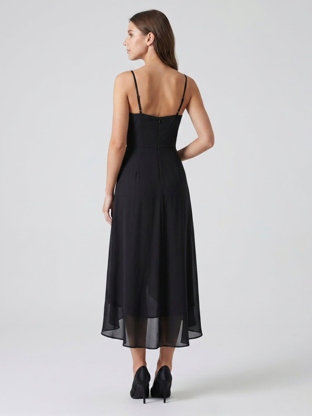 Black Chiffon Sheath Sweetheart Backless Asymmetrical Pleated Bridesmaid Dress