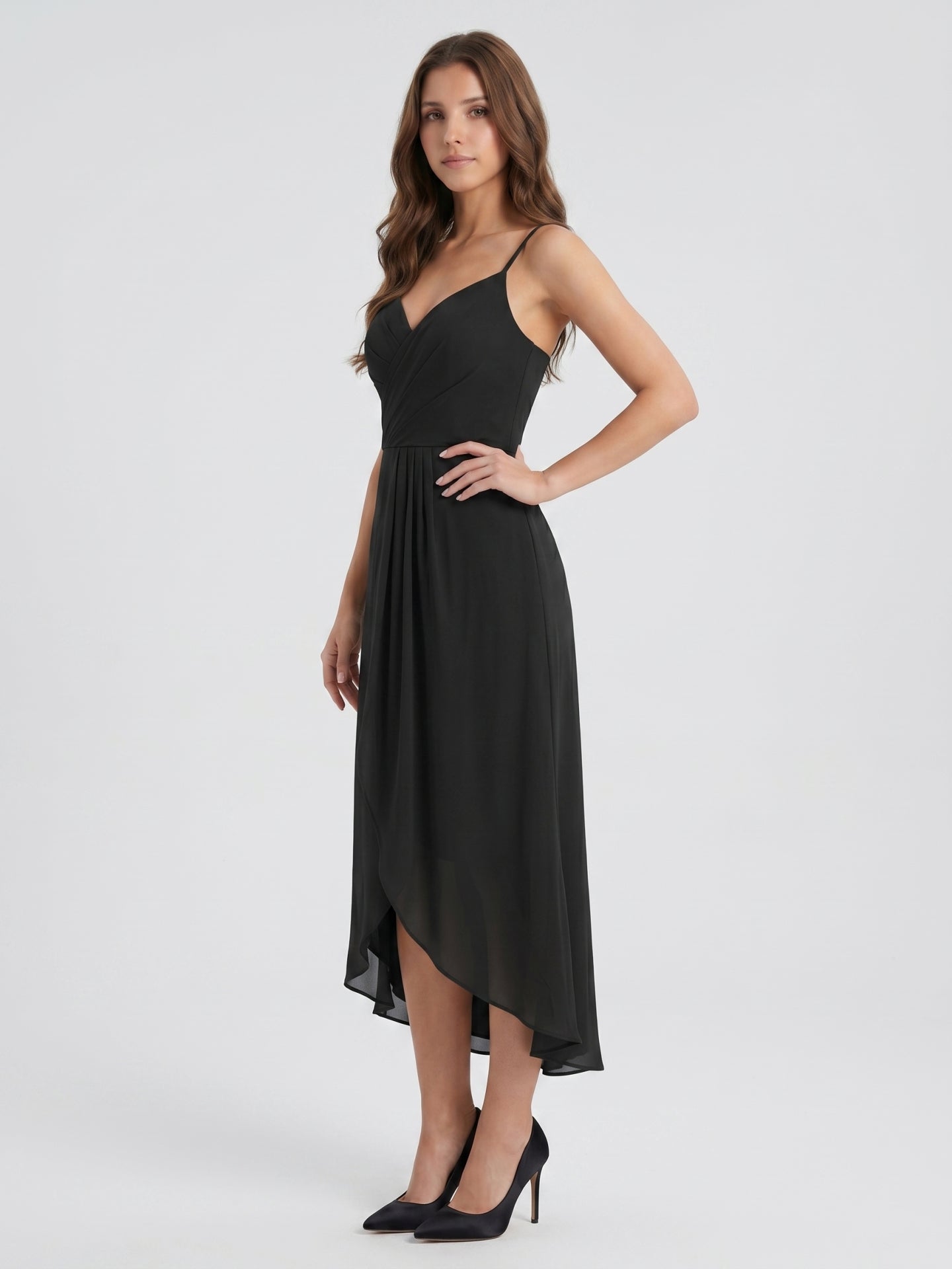 Black Chiffon Sheath Sweetheart Backless Asymmetrical Pleated Bridesmaid Dress