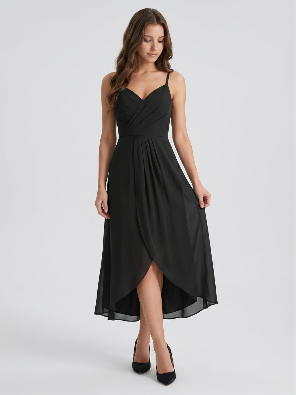 Black Chiffon Sheath Sweetheart Backless Asymmetrical Pleated Bridesmaid Dress