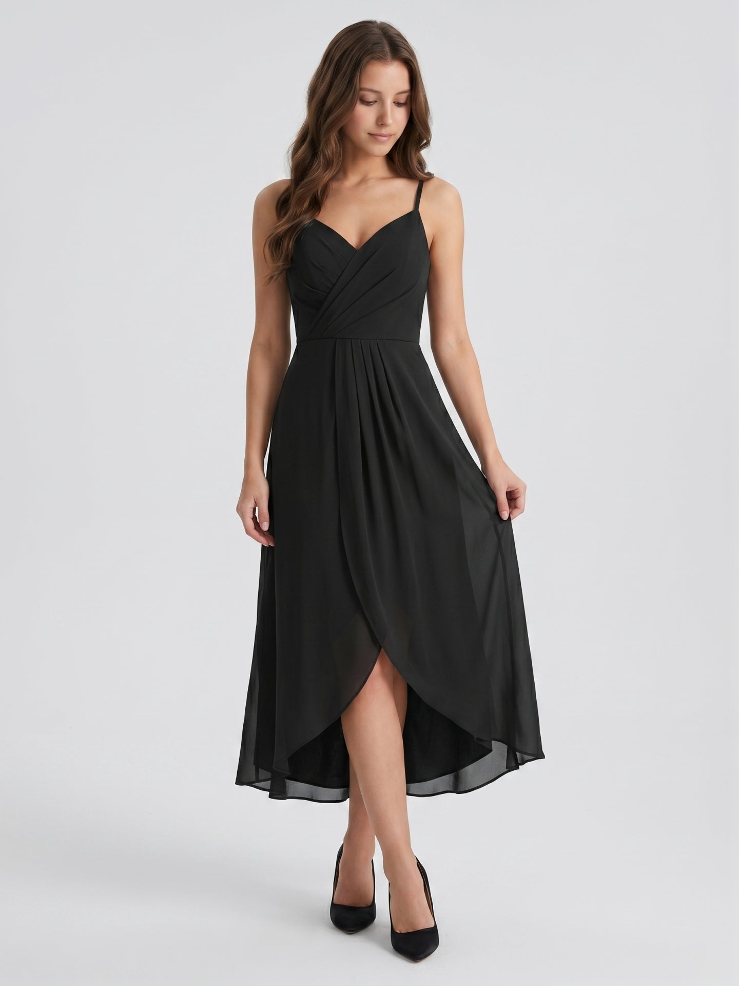 Black Chiffon Sheath Sweetheart Backless Asymmetrical Pleated Bridesmaid Dress