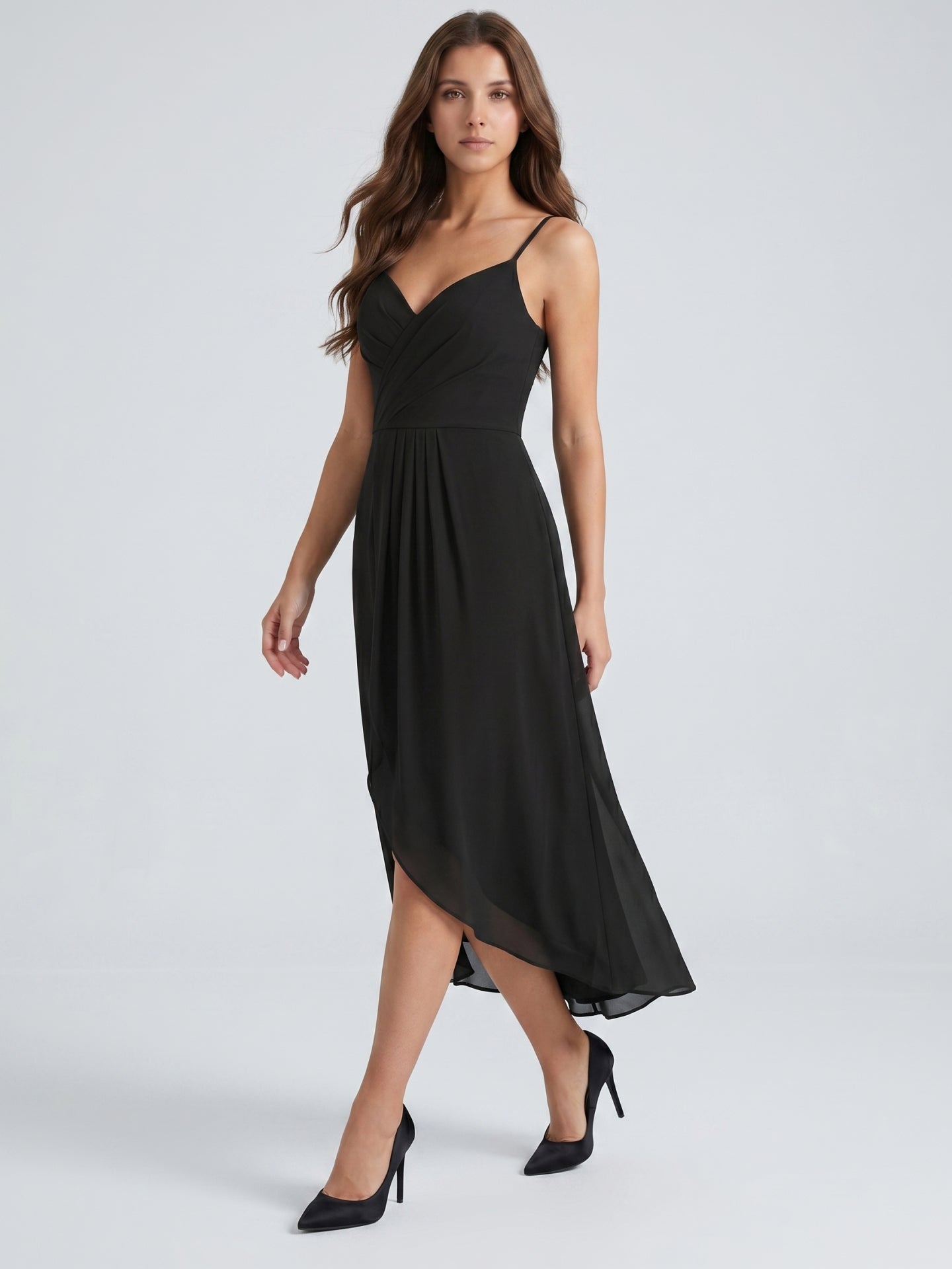 Black Chiffon Sheath Sweetheart Backless Asymmetrical Pleated Bridesmaid Dress