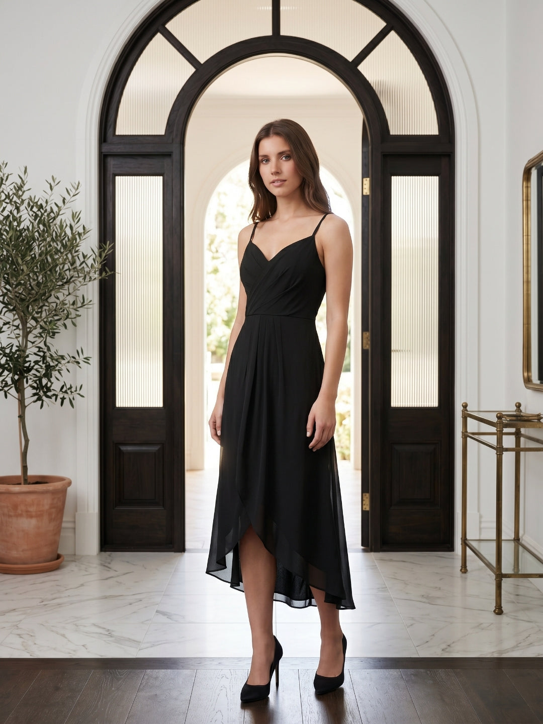 Black Chiffon Sheath Sweetheart Backless Asymmetrical Pleated Bridesmaid Dress