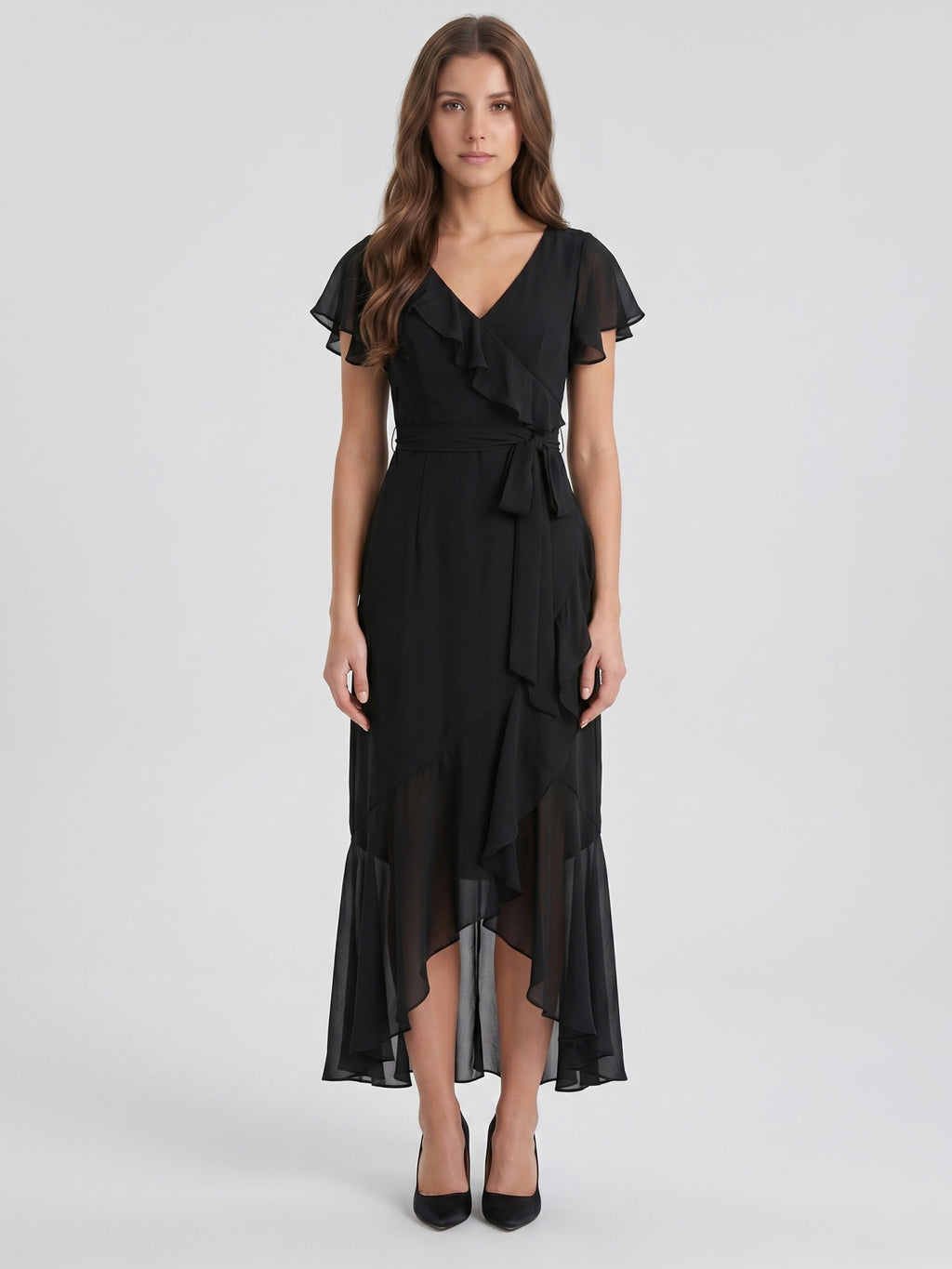 Black Chiffon Sheath V-Neck Back Zip Asymmetrical Ruffle Bridesmaid Dress