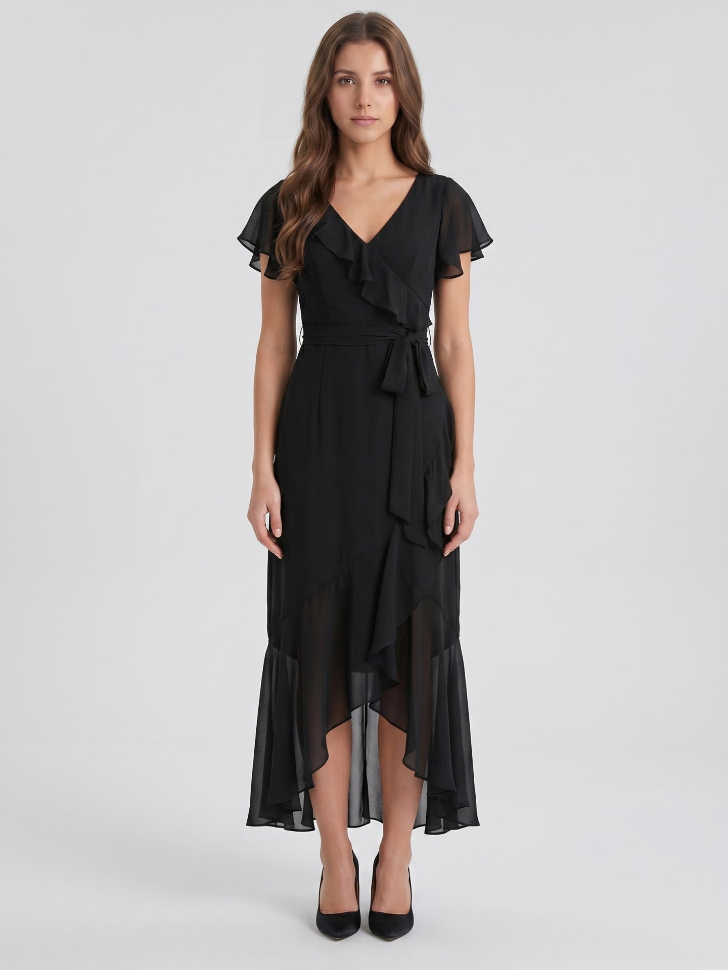 Black Chiffon Sheath V-Neck Back Zip Asymmetrical Ruffle Bridesmaid Dress