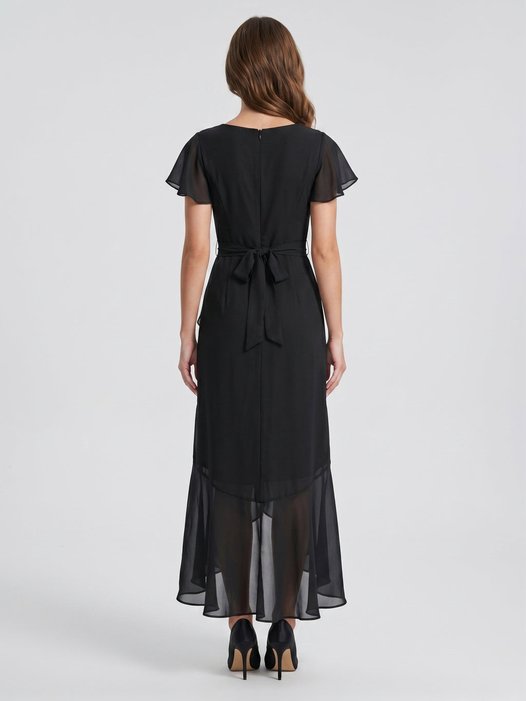 Black Chiffon Sheath V-Neck Back Zip Asymmetrical Ruffle Bridesmaid Dress