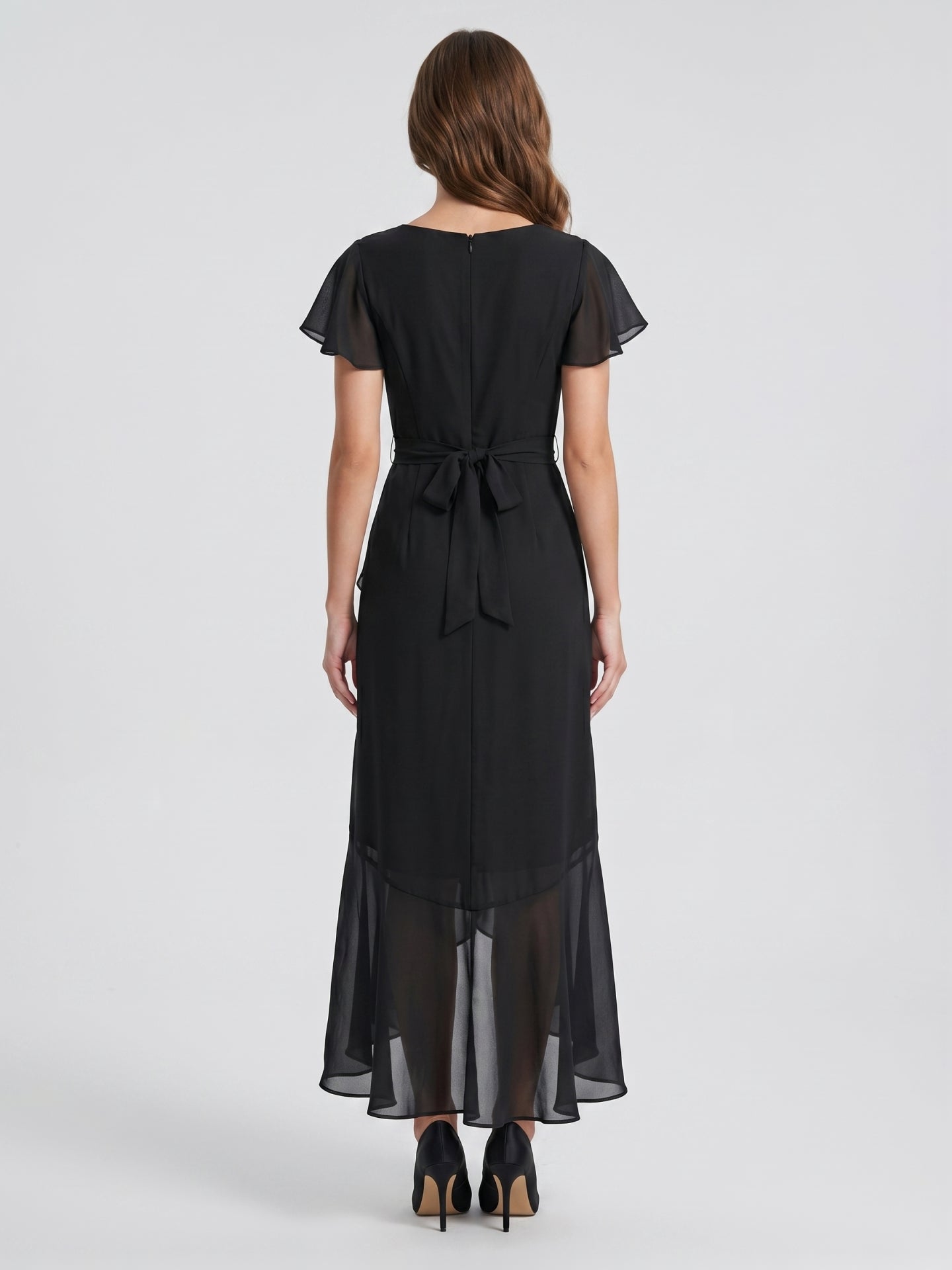 Black Chiffon Sheath V-Neck Back Zip Asymmetrical Ruffle Bridesmaid Dress