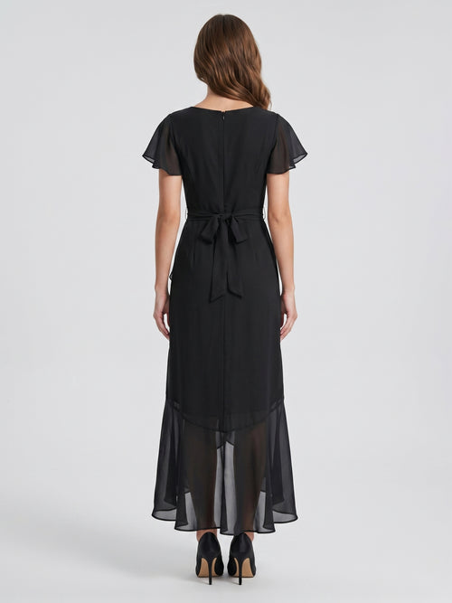 Black Chiffon Sheath V-Neck Back Zip Asymmetrical Ruffle Bridesmaid Dress