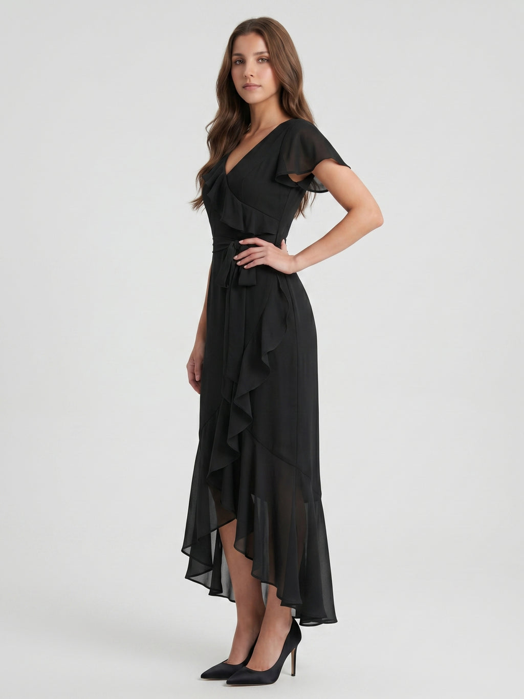 Black Chiffon Sheath V-Neck Back Zip Asymmetrical Ruffle Bridesmaid Dress